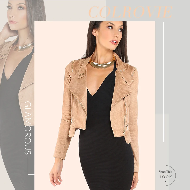 COLROVIE Camel Suede Moto куртка Женская мода осень уличная Женская молния укороченный байкерская куртка однотонная Повседневная Верхняя одежда