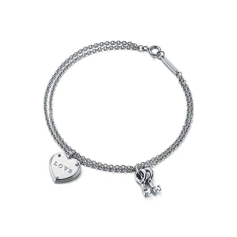 

SHINETUNG WesternStyle 100% S925 Double Chain Heart-Shaped Trendy BraceletWomen Logo Fine Original Jewelry Suit