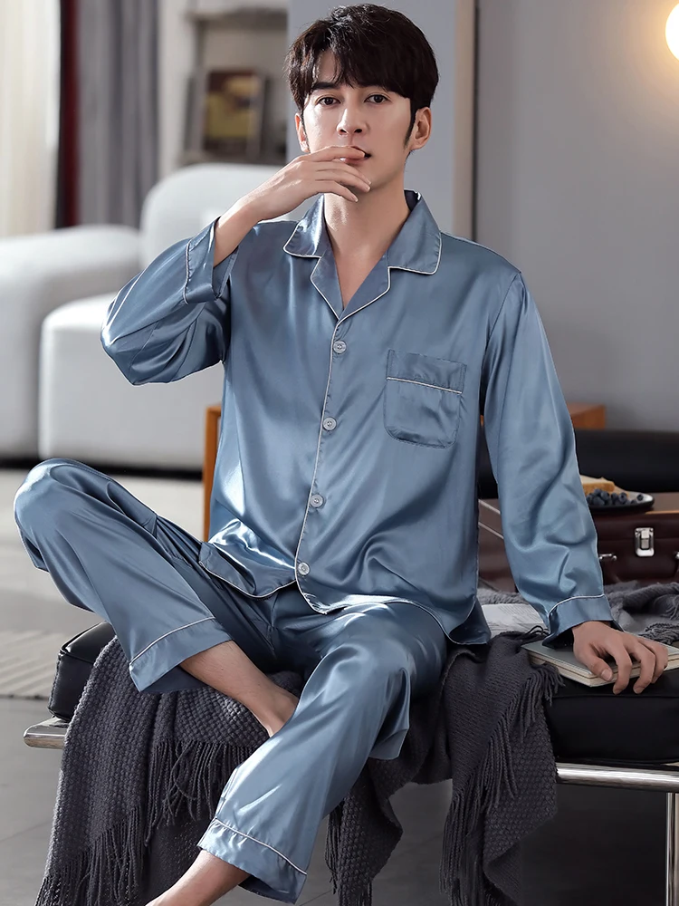 New Large Size Men Pajamas Ice Silk Long Home Pants For Men Solid Blue 2 Pieces Sleepwear Spring Pjs Bedgown Grey Homme Pijamas