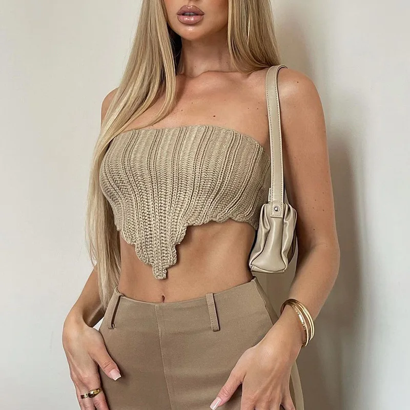 

DSMTRC 2021 Strapless Backless Cropped Tube Tanks Camis Summer Sleeveless Knitted Crop Tops Women Y2K Fashion Korean Camisole