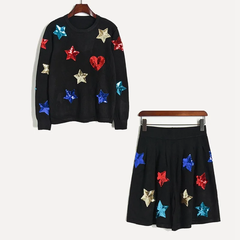 Женский комплект из Свитера и шорт вязаный черный пуловер с круглым вырезом