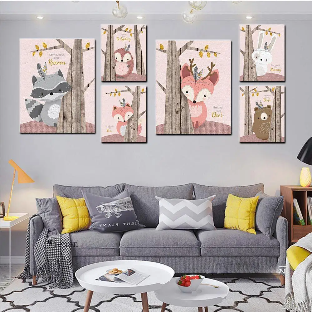

Nursery Kids Room Decor Painting Nordic Cartoon Animals Wall Art Poster Prints On Canvas Bunny Fox Deer Hiding Behind Tree