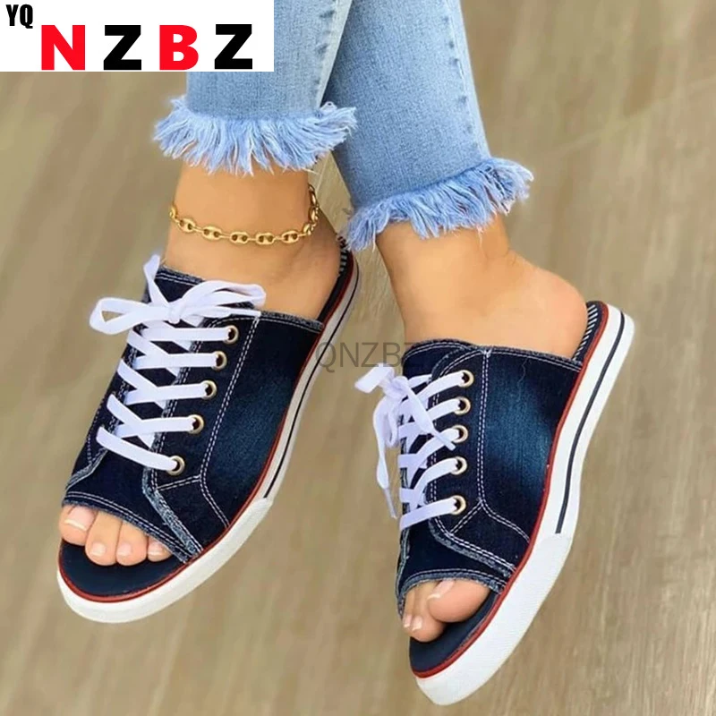 

Women Canvas Flat Slipper 2021 Woman Lace Up Ladies Peep Toe New Women's Casual Female Fashion Denim Beach Shoes Plus Size 35-43