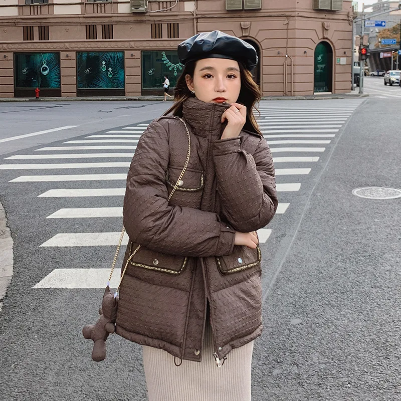 2021 Winter New Women Solid Color Parkas Stand-up Collar Bear Loose Woman Jacket  Fashion Pocket Zipper Slim Winter Coat