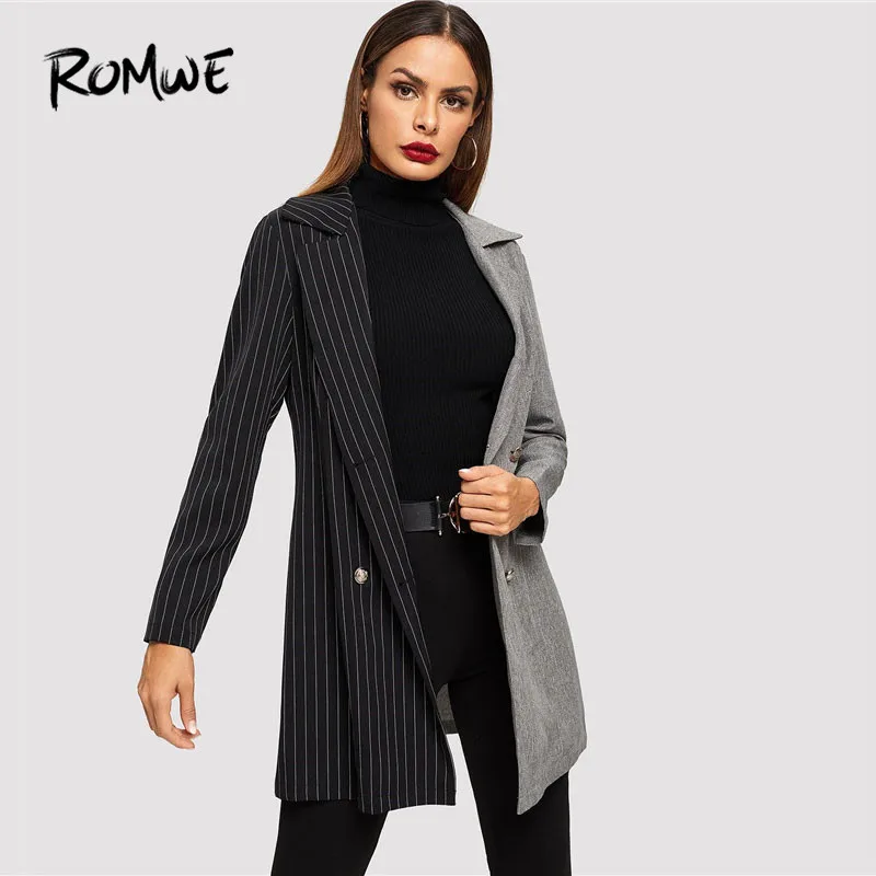 ROMWE Notch Collar Colorblock Striped Coat Women Blazer Autumn Fashion Ladies Jackets Fall Elegant Black Double Breasted Blazer