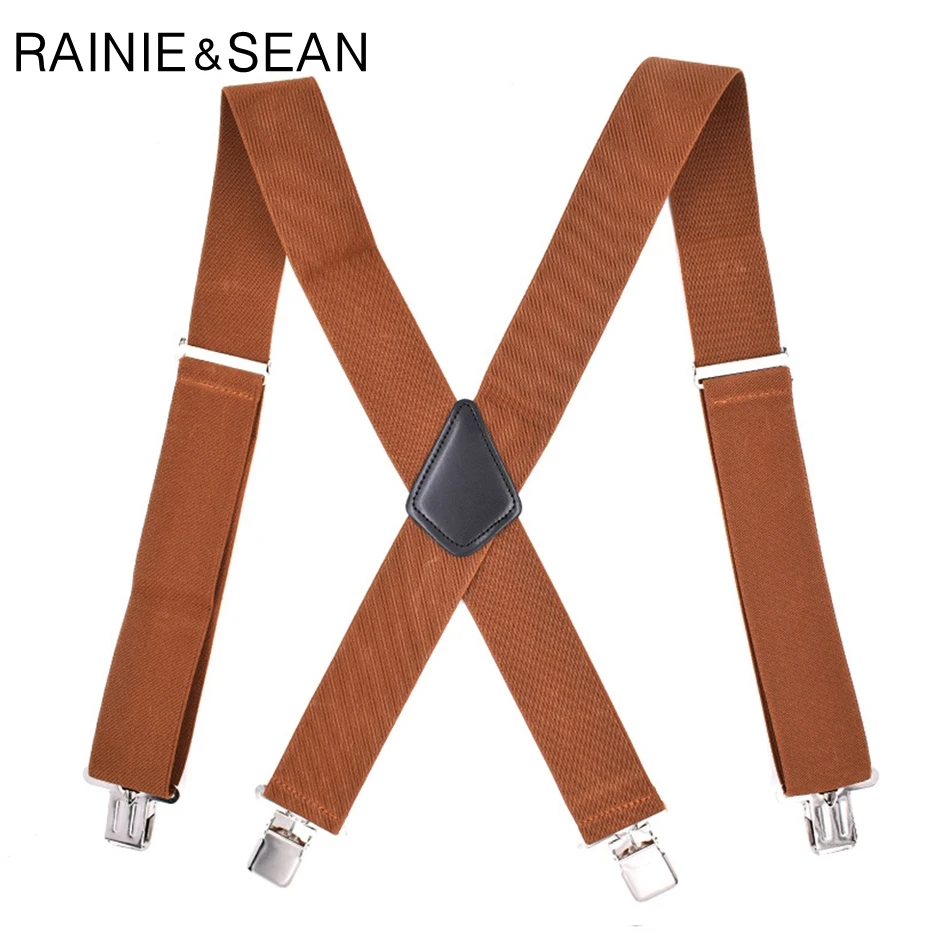 Широкие мужские подтяжки RAINIE SEAN коричневые с 4 зажимами для деловой рубашки из