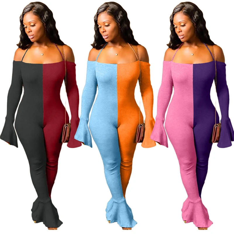 

Adogirl Color Patchwork Ruffle Women Jumpsuit Halter Off Shoulder Flare Sleeve Bell Bottom Pants Romper Casual Overall Bodysuit