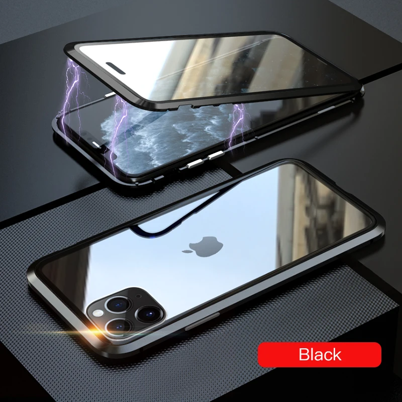 Black LUPHIE, Магнитный чехол на 360 градусов для iPhone 11 Pro Max, чехол, передний и задний стеклянный чехол для iPhone 11 pro Max, Магнитный чехол - Цвет: Black