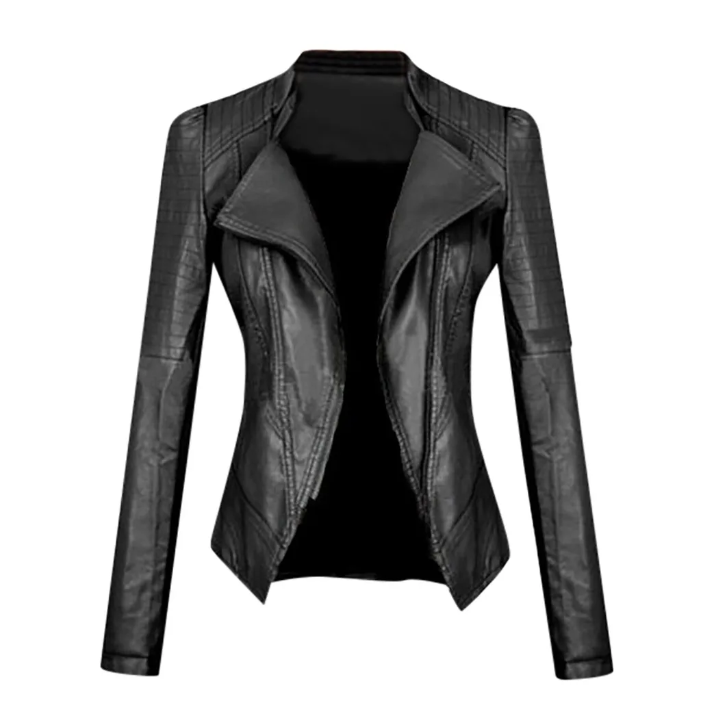 Кожаная женская куртка тонкая короткая сексуальная с отворотом черная длинным
