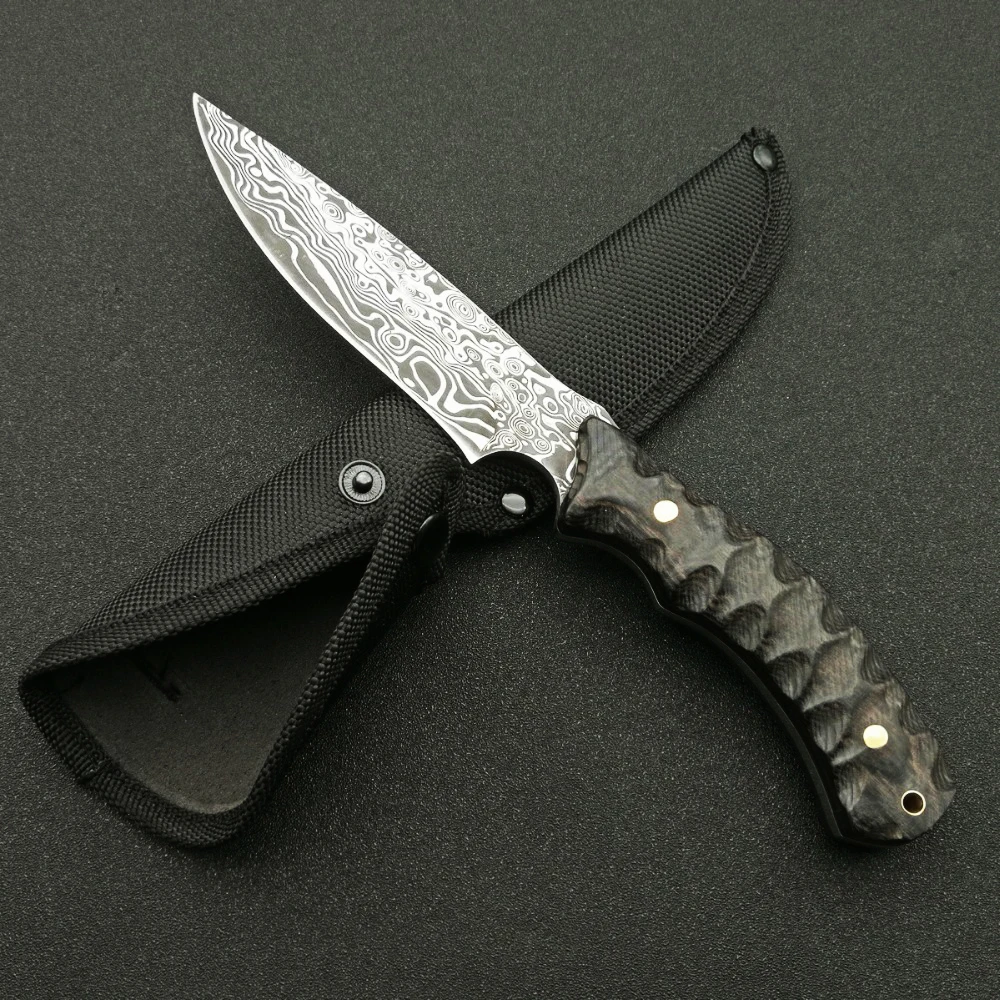 Нож DuoClang для активного отдыха с лезвием из стали Дамаск 440С и рукояткой из микарты, фиксированным лезвием для выживания в дикой природе с кожаным чехлом.