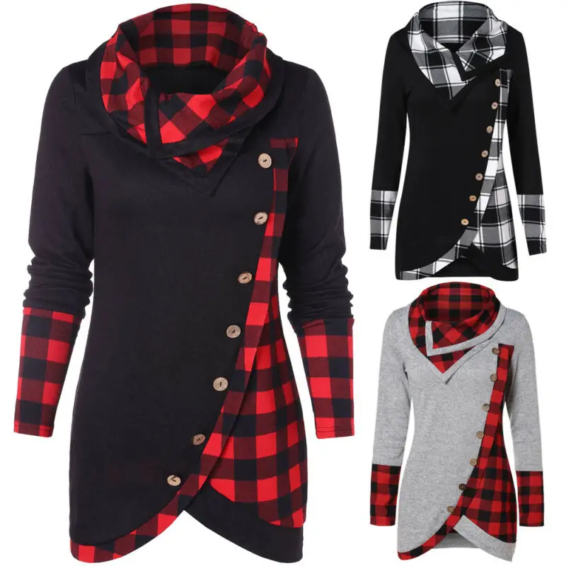 Hot Sale Winter Women Warm Pullover Long Sleeve Plaid Sweatshirt Tops Dress Casual Ladies Hoodies Sweatshirt Irregular Hem