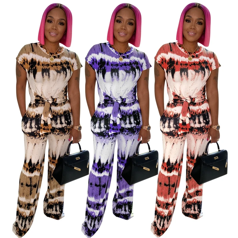 

ZKYZWX Tie Dye Two Piece Set Short Sleeve Bandage Crop Top Wide Leg Pants Women Fall Fashion Clothes Sexy Clubwear Matching Sets
