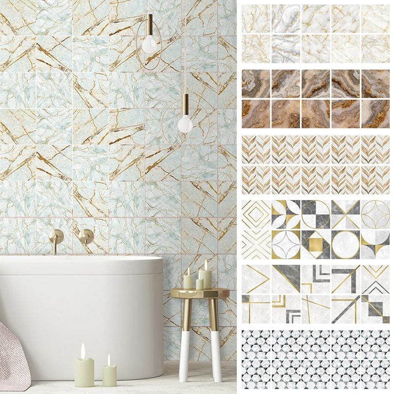 

10pcs Marble Wall Pasted With PVC Self-adhesive Tile Stickers Bathroom Kitchen Cabinet Decorative Stickers 15x15cm/20x20cm