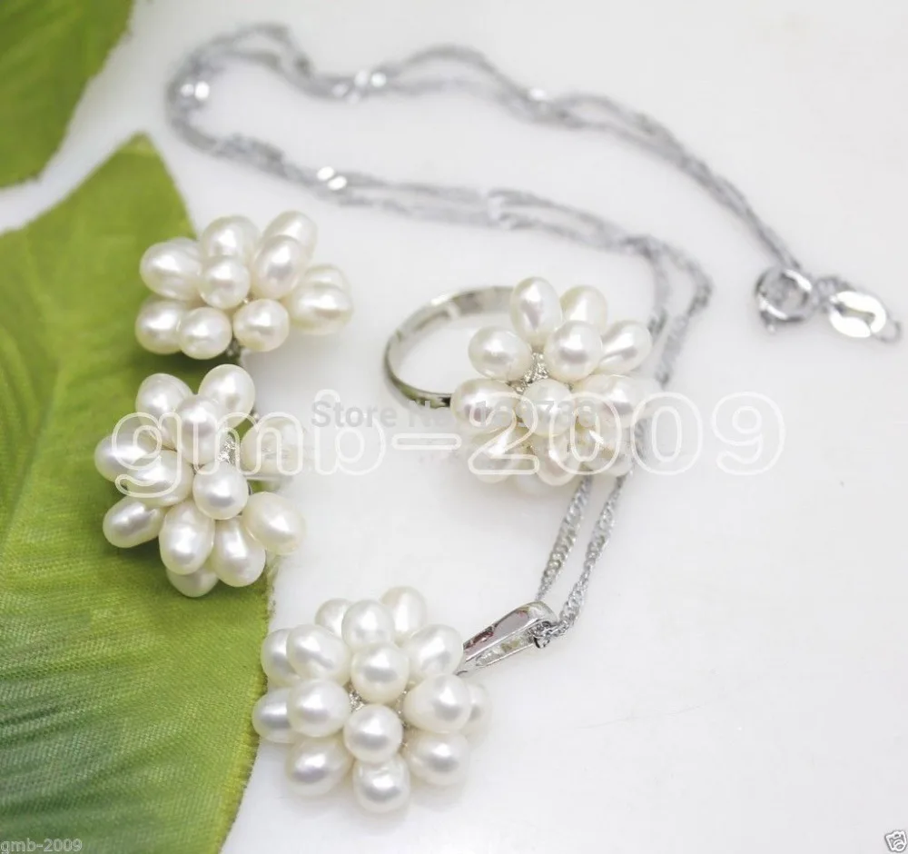 Jewelry 00823 Fashion Natural White Rice Freshwater Pearl Cluster Earrings Necklace Ring Set (A0423) | Украшения и аксессуары