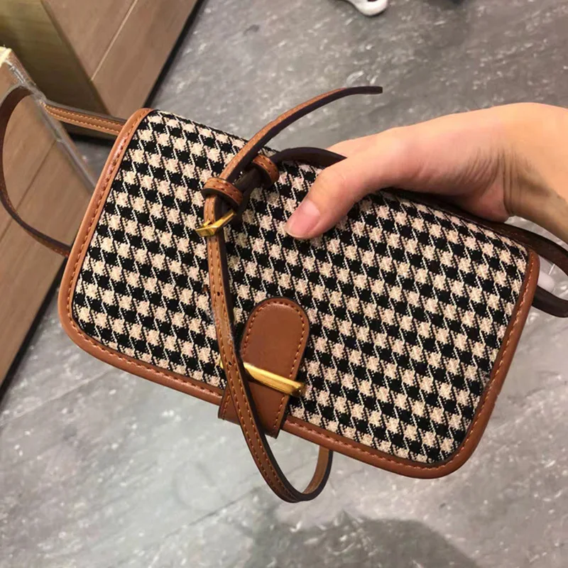 

2021 Female Houndstooth Small Diagonal Bag French Retro Elegant PU One Shoulder Messenger Bag