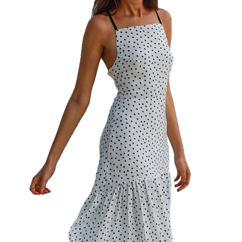 

2021 Women's Polka Dot Printed Long Dress, Summer Thin Shoulder Strap Robe New Style Sling Tight Backless Wrap Dress Set Fashion