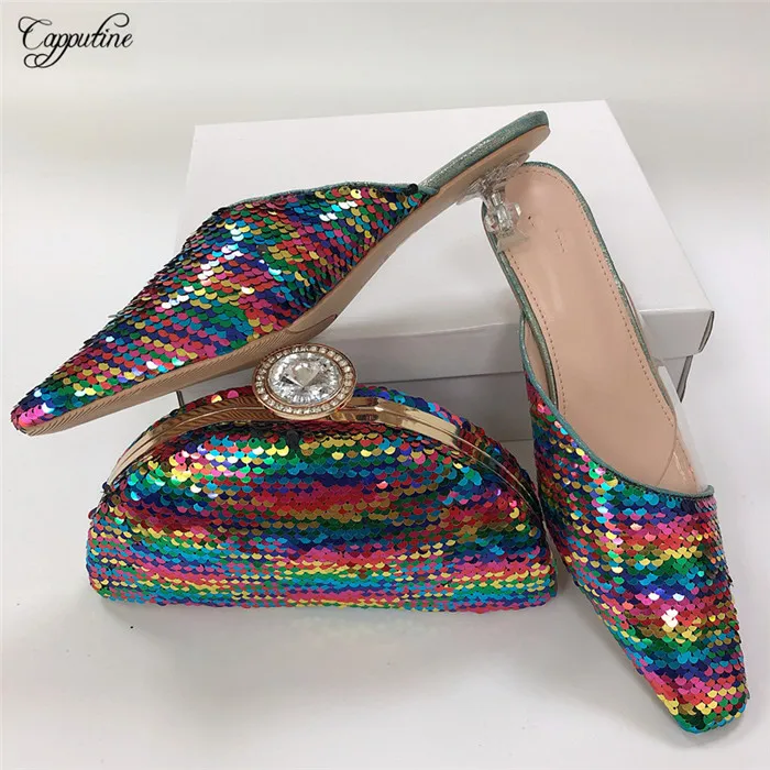 Модные Красочные Блестки Дизайн средний каблук slip on обувь и наборы сумочек для