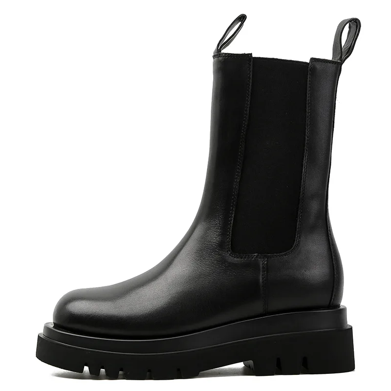 

New Genuine Leather Autumn Boots For Women Platform Chelsea Boot Spring Cowhide Booties Fashion Female Thick Bottom Black Bootie