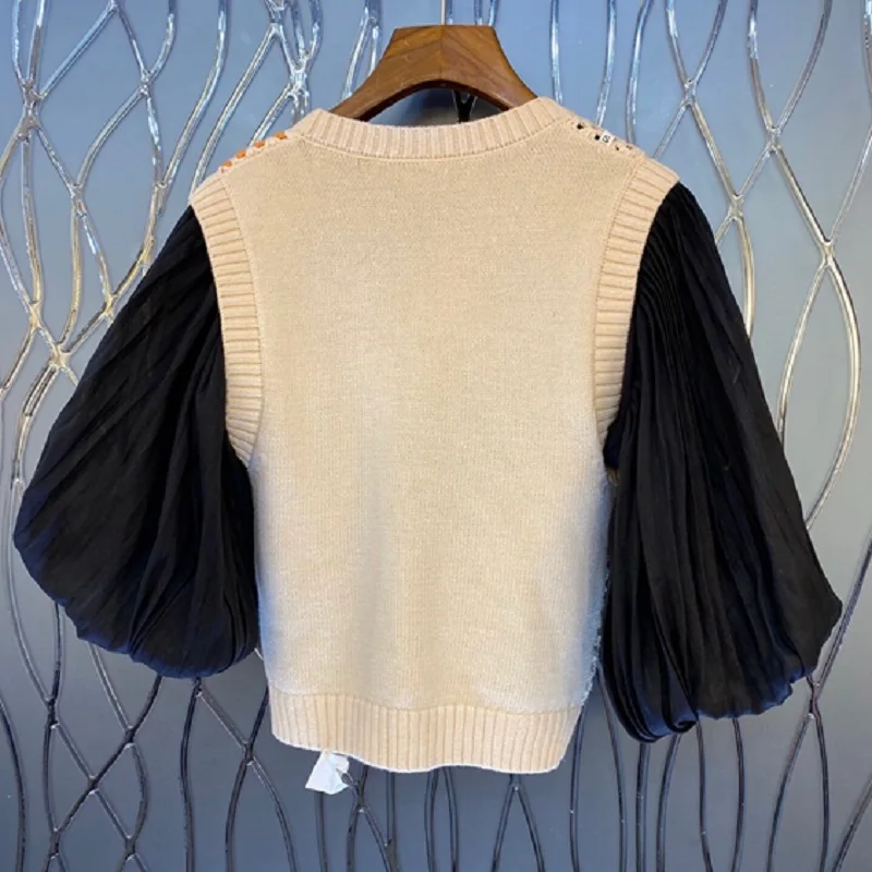 Tops Fashion Women's Set 2021 Spring Summer Suit Ladies Lantern Sleeve Linen Shirts+Crochet Knitting Vest Coats Casual 2 Pc Set