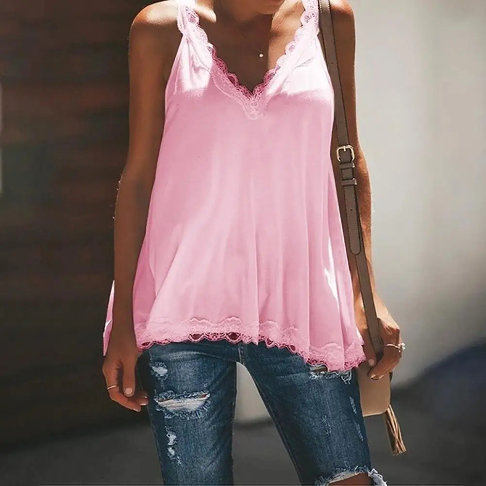 

75% HOT SALES!!! Plus Size Casual Women Solid Color Lace Sleeveless V Neck Loose Vest Tank Top