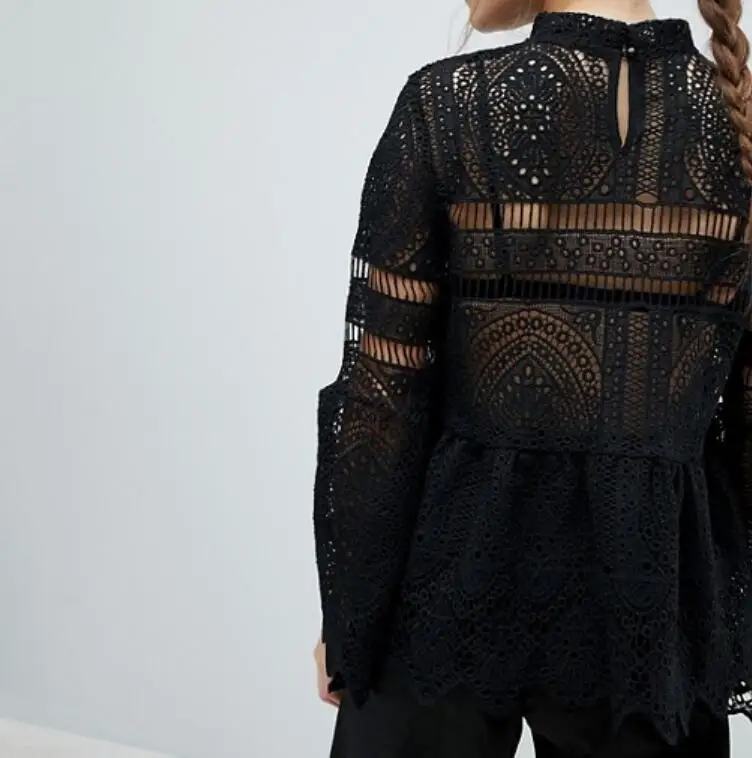 2019 Casual Women Sexy Lace Tunic Hollow Tops Tee Blouse Long Sleeve Irregular Hem Patry Blusas Beach Ladies Shirt | Женская одежда