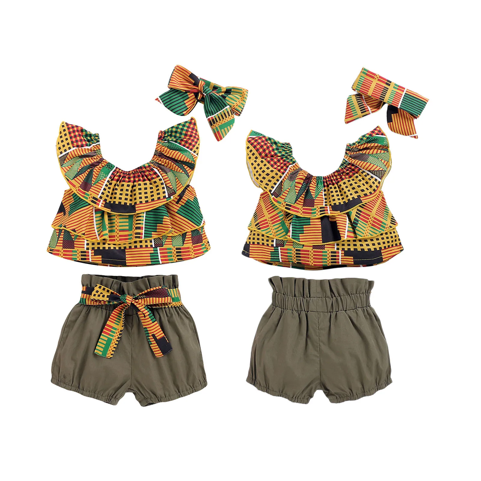 

Bmnmsl Three Piece Girl\u2019s Clothes Fashion Geometric Print Sleeveless Tops and Solid Color Short Pants with Headband Suits