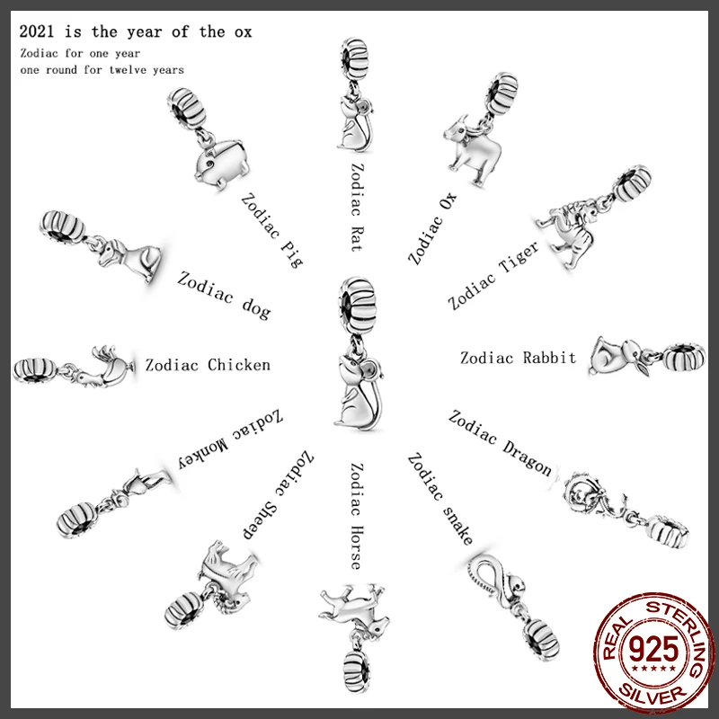 

100% Real 925 Sterling Chinese Zodiac Series ​Fit Original 3mm Bracelet&Bangle Making Fashion DIY Jewelry For Women