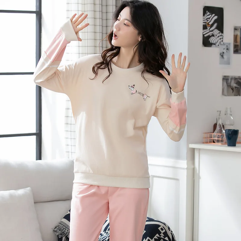 

Spring and Autumn Pajamas Women Pure Cotton Long-sleeved Pullover Casual Fashion Homewear Plus Size Loose Cotton Two-piece Suit