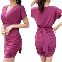 womens short sleeved dress sexy v neck solid cotton corset skirt fashion party casual lace up hip wrap skirts