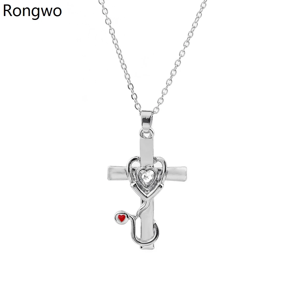 

Rongwo Trendy Cross Heart-shaped Stethoscope Crystal Pendant Necklace Medical Jewelry Accessories Gift For Woman Doctor Nurse