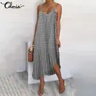 Летнее богемное клетчатое платье Celmia, Женский Асимметричный Сарафан в клетку, пикантное повседневное вечерние ничное пляжное платье на бретелях-спагетти, платье