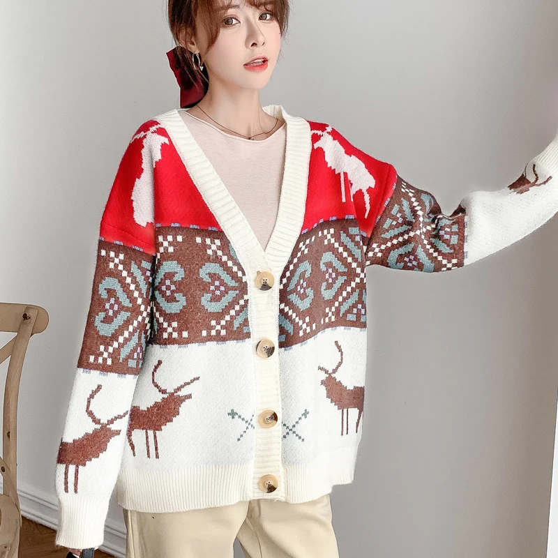

Christmas Cute Fairy Sweater Cardigan Jacket Female Korean Version Loose Thickening New Year Red Deer Jacquard Retro Knit