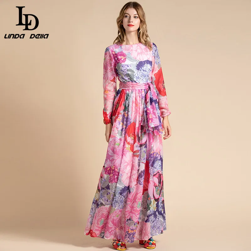 Женское длинное платье LD LINDA DELLA летнее Шифоновое Платье макси с длинным рукавом и