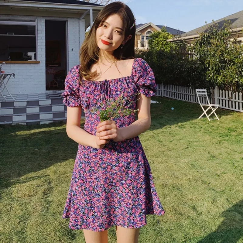 

Women Square Collar Floral Vintage Dress Summer Women Dress Short Sleeve Short Dress