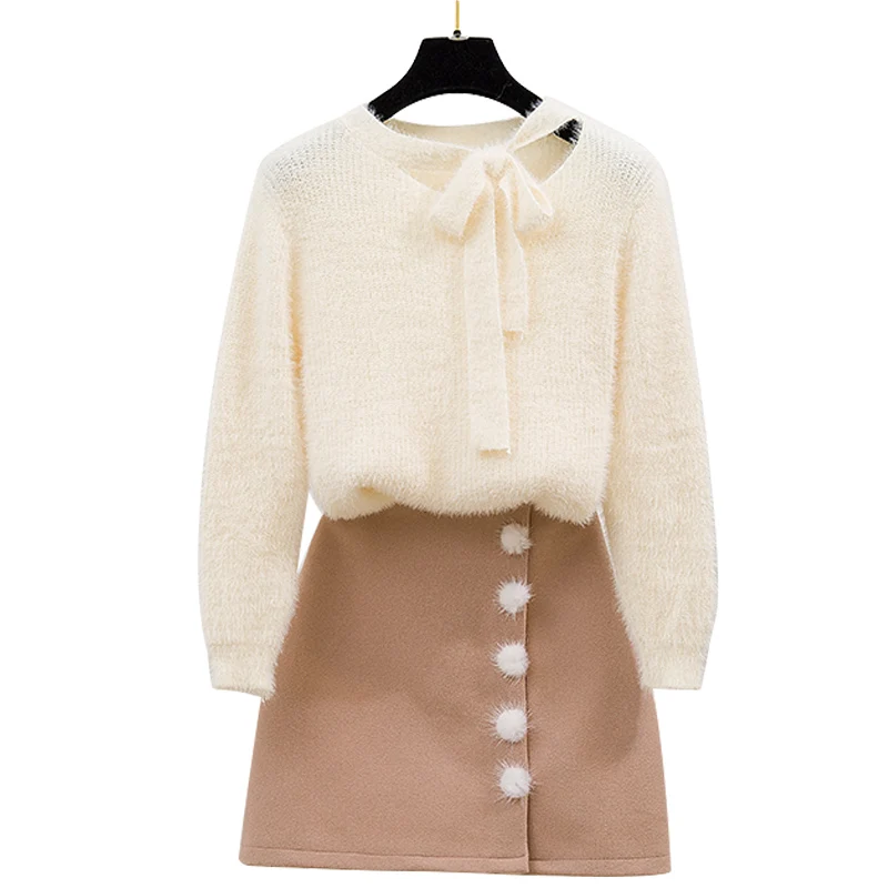 

suit mohair sweet bowknot hollow-out sweater areata skirts a-line skirt women knitwear 2 pcs clothing set knitwear leisure sets