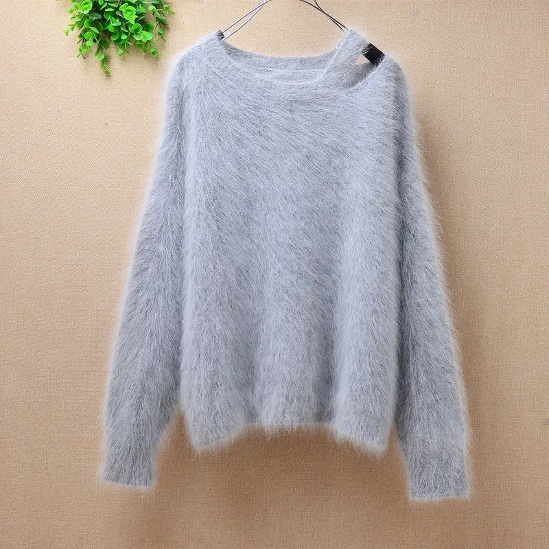 Body57cm Chest100cm Женские зимние модные плюшевые теплые норковые кашемировые с круглым вырезом свободные с длинными рукавами Ангорский Кролик Мех основной пуловер Блузки свитер - Цвет: Body57cm Chest100cm