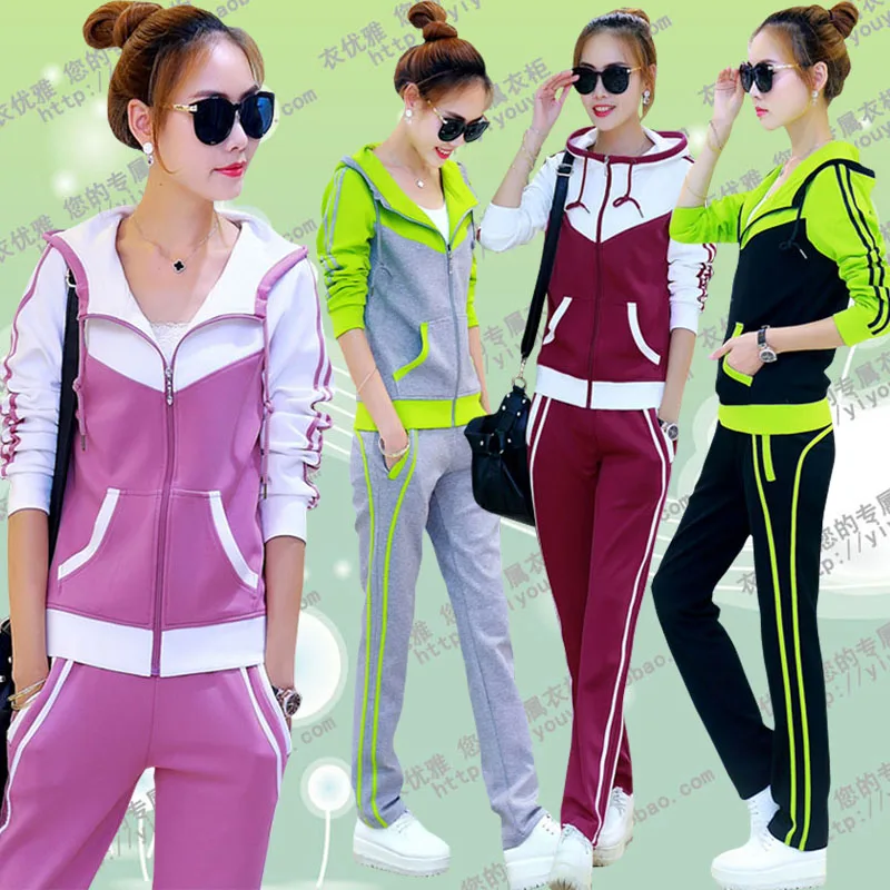 

Autumn Women New Casual Spring Fashion Striped Sweatshirts Pants Two Pieces Sportwear Female Hooded Solid Sporting Suit
