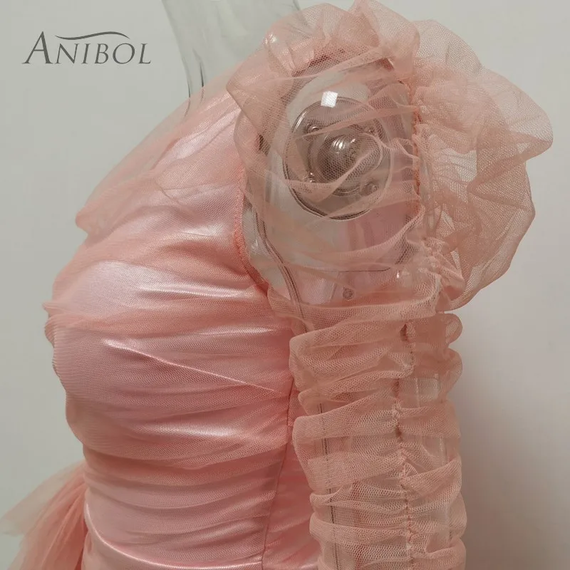 

Eelegant Puff Sleeve Dress Pink Skinny Short Party Dress Transparant Mesh Beach Wear Dress