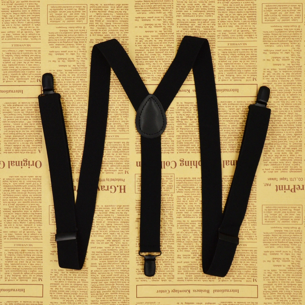 3 зажима подтяжки модные однотонные черные 120 см кожаные унисекс женские мужские