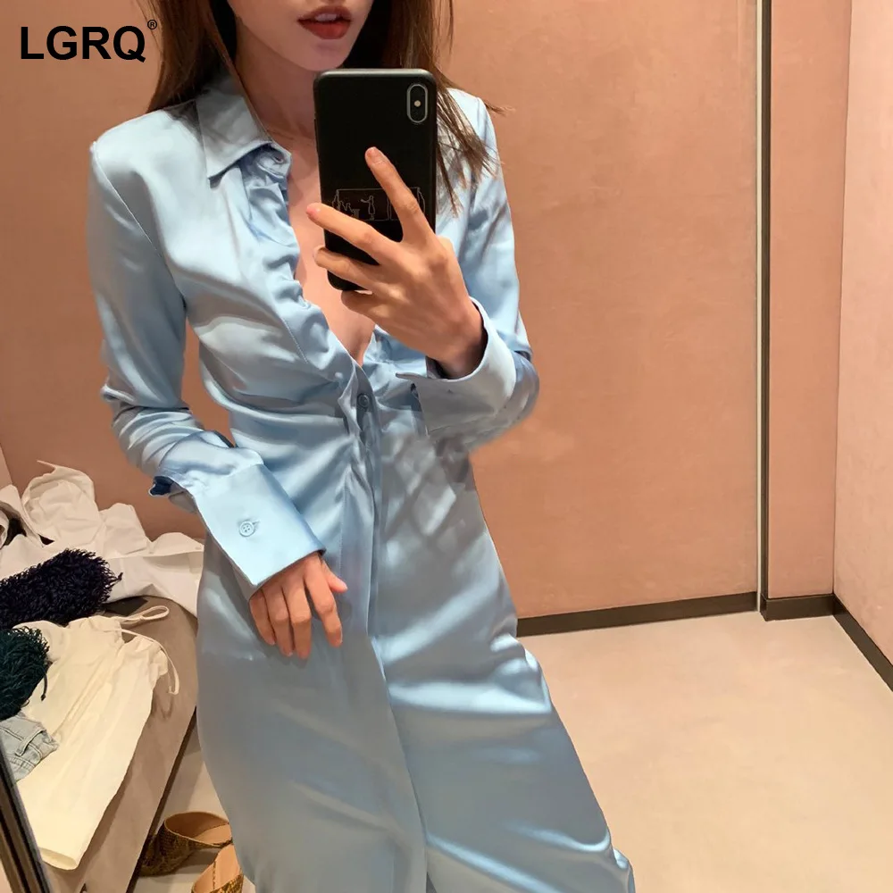 

[LGRQ] женские светильник синее присборенное платье тонкое сексуальное платье новое поступление с круглым воротником модная одежда с длинным...