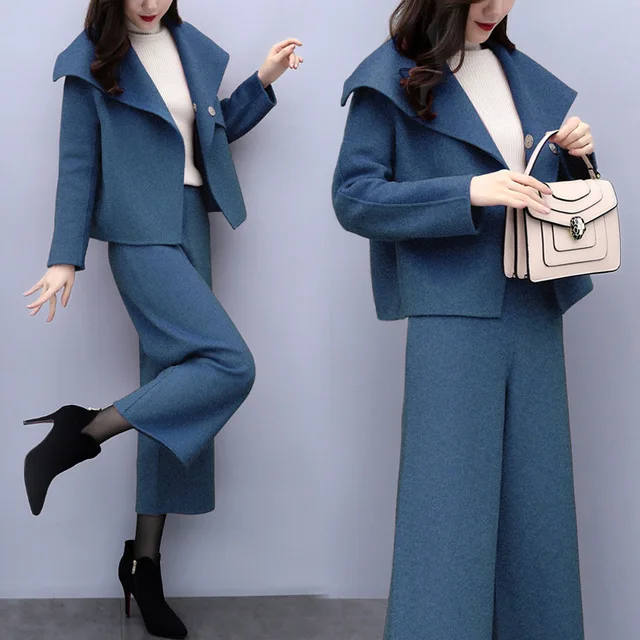 Женский шерстяной костюм из двух предметов элегантный офисный пиджак и брюки с