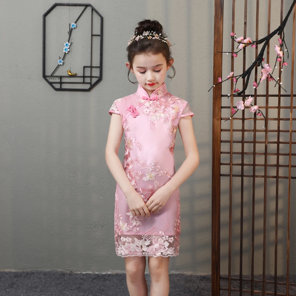 Летнее платье для девочек кружевное Ципао девочки милое однокройное в стиле