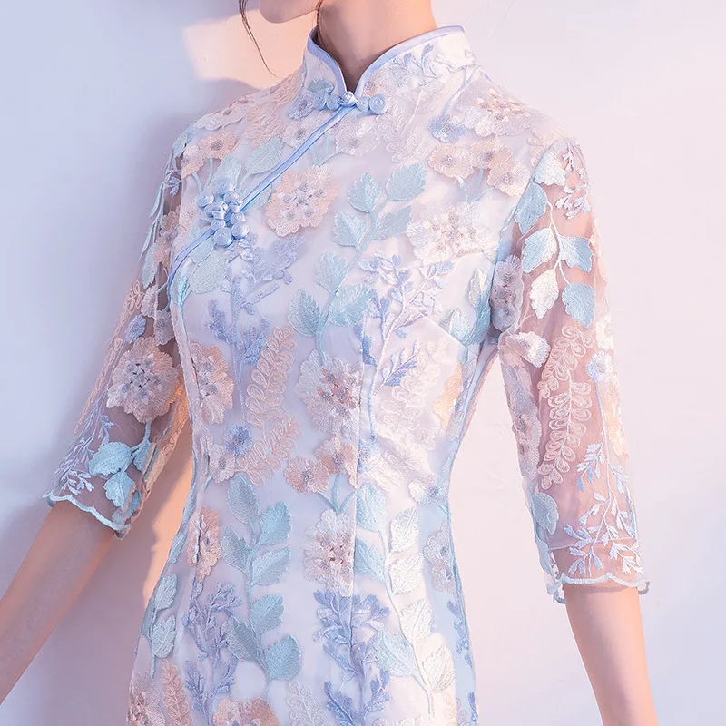 Женское кружевное платье-Ципао с цветочной вышивкой и воротником-стойкой |