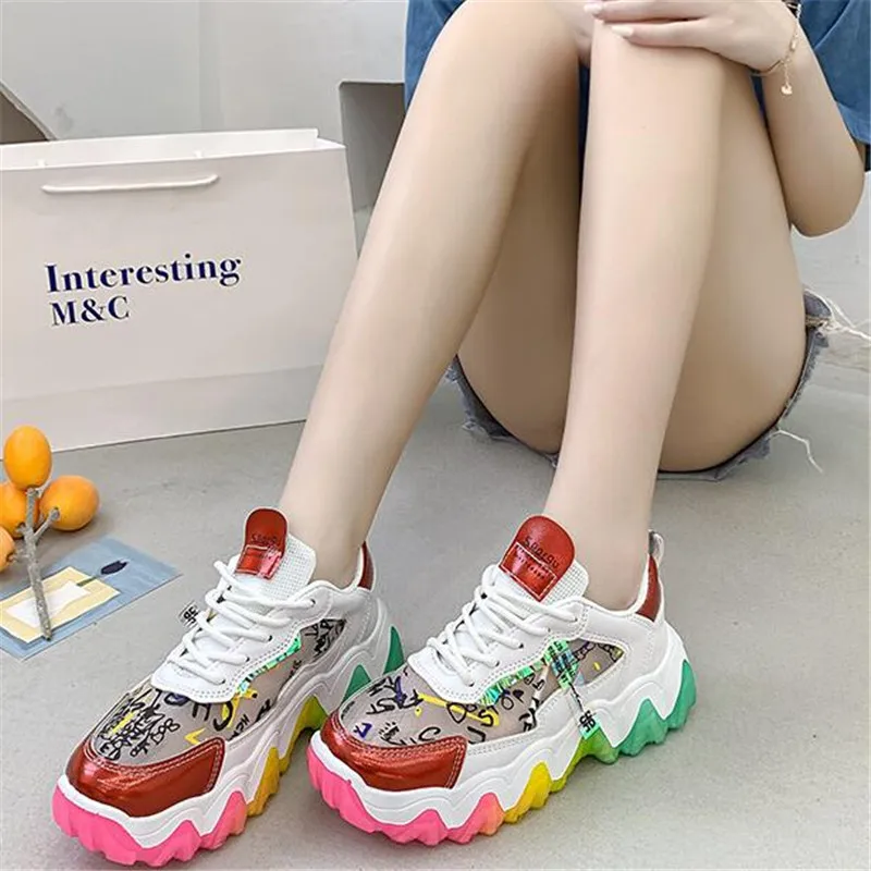 

Rainbow Bottom Women's Platform Sneakers 2021 Fashion PU Leather Chunky Women Shoes Trainers Ladies Footwear Zapatillas Mujer
