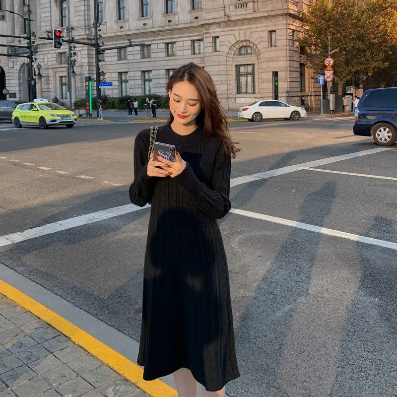 

Retro loose inner long sweater dress ladies full-sleeve warm pullover knitted female dress 2020 winter