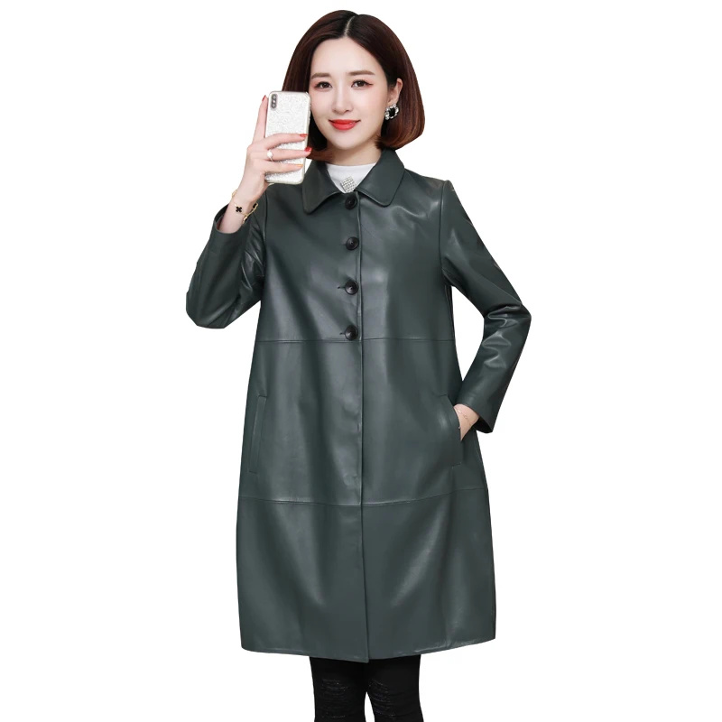 

First layer pure sheepskin windbreaker autumn 2020 new Haining leather garment women's extra size medium length mother's coat