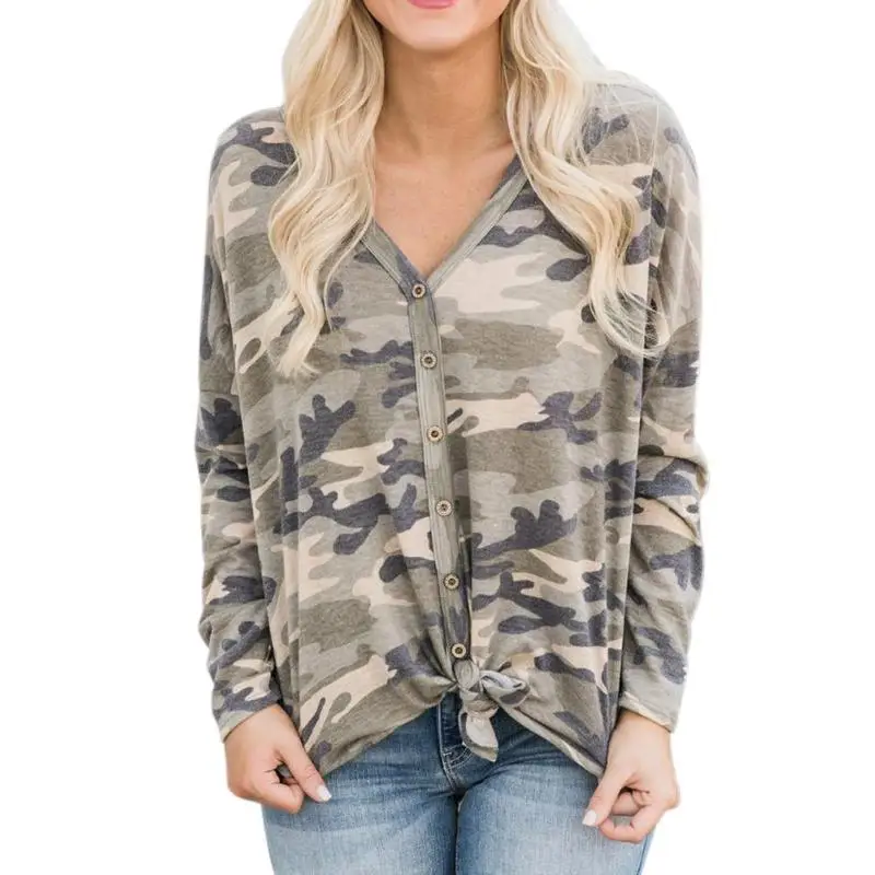 Весна-Осень 2019 женские футболки уличный Повседневный Камуфляжный пуловер с