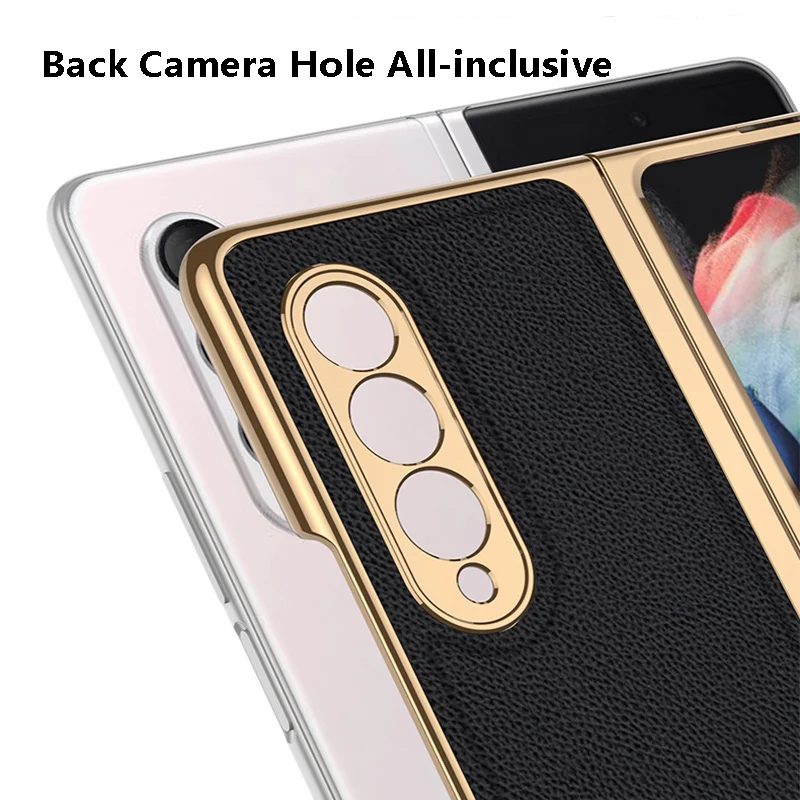 plain leather case for samsung galaxy z fold 3 5g phone cover with tempered glass protective film fitted fundas for samsung w22 free global shipping