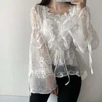 alien kitty korean lace sweet pullover solid puff long sleeves shirts 2020 women square collar casual blouses