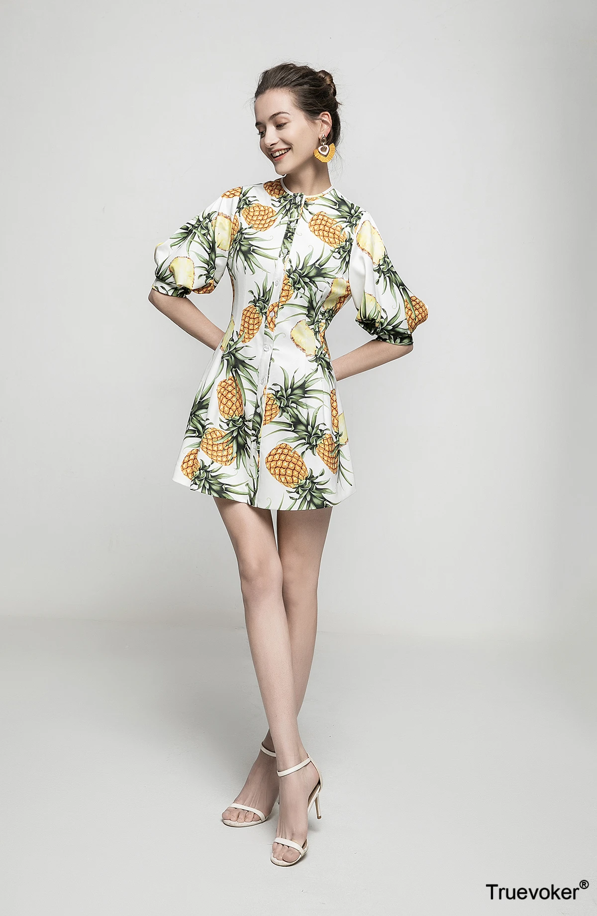 

Summer Runway Fashion Boutique Robe Women's Short Sleeve Pineapple Fruit Print Mini Dress Festa Vestidos
